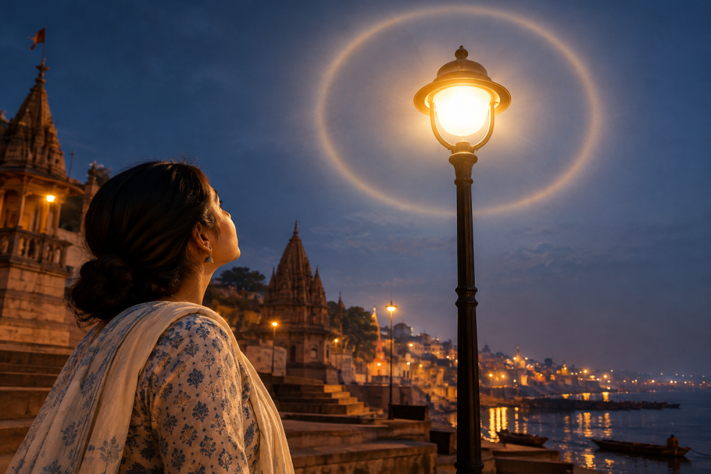 Woman Gazing at a Haloed Streetlamp